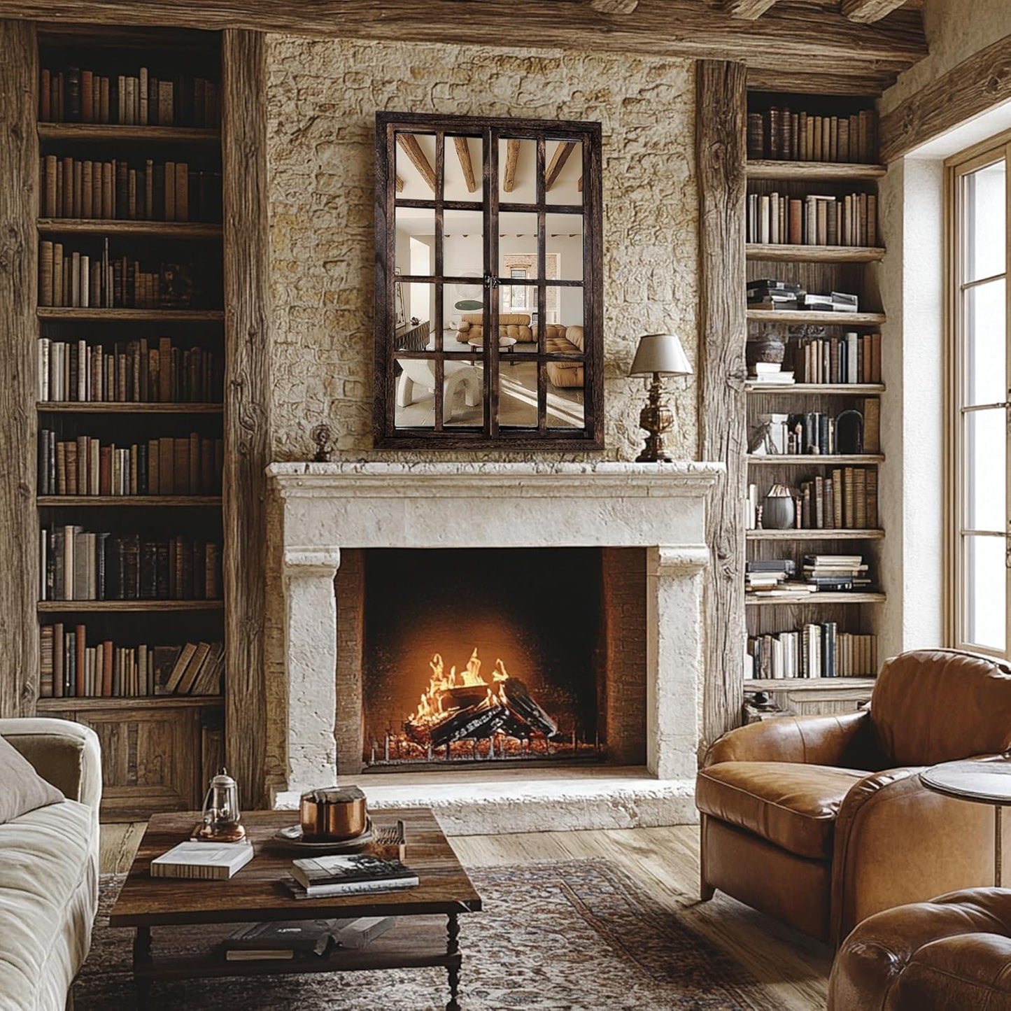 Wall Mirror with Window Design, 38"x26" Rustic Farmhouse Wood Mirror for Wall Decor, Decorative Vintage Mirror for Living Room, Bedroom, Entryway