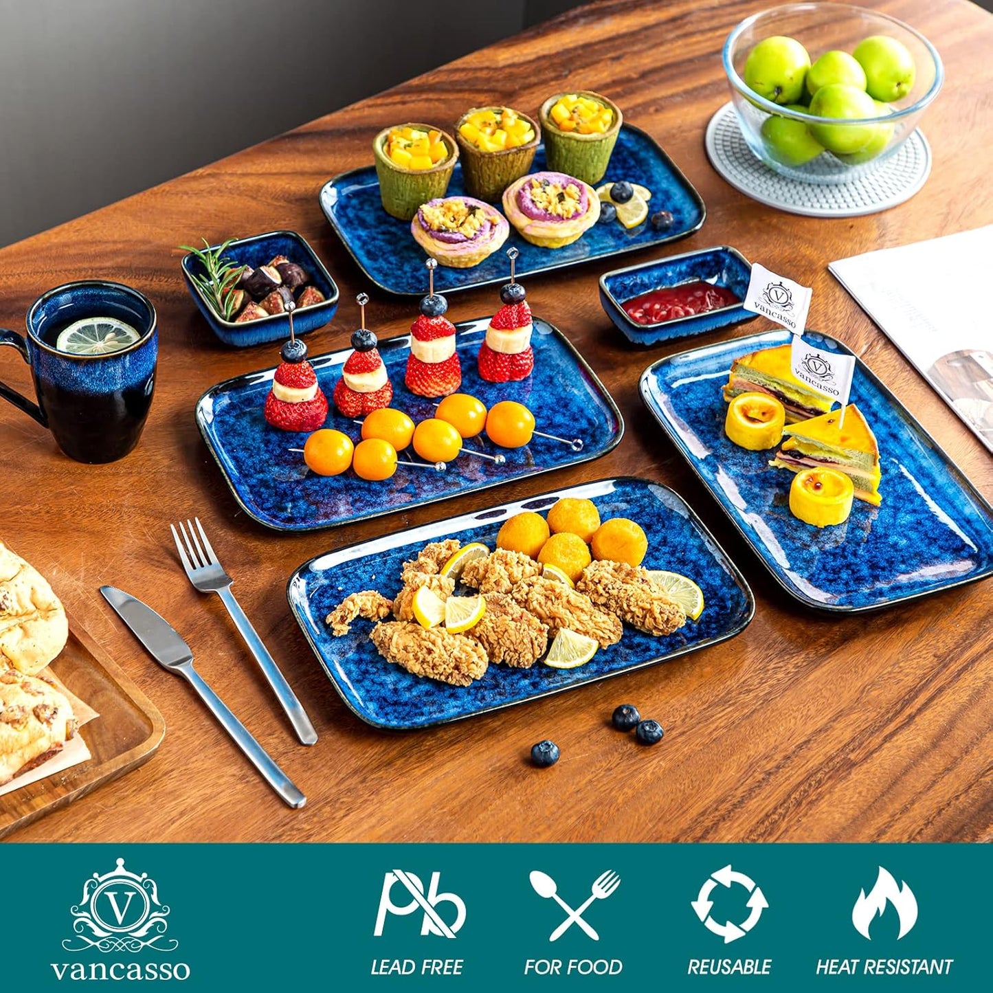 vancasso Stern Serving Platters Set of 4, 11 Inches Rectangular Ceramic Serving Plates, Blue Serving Trays for Entertaining