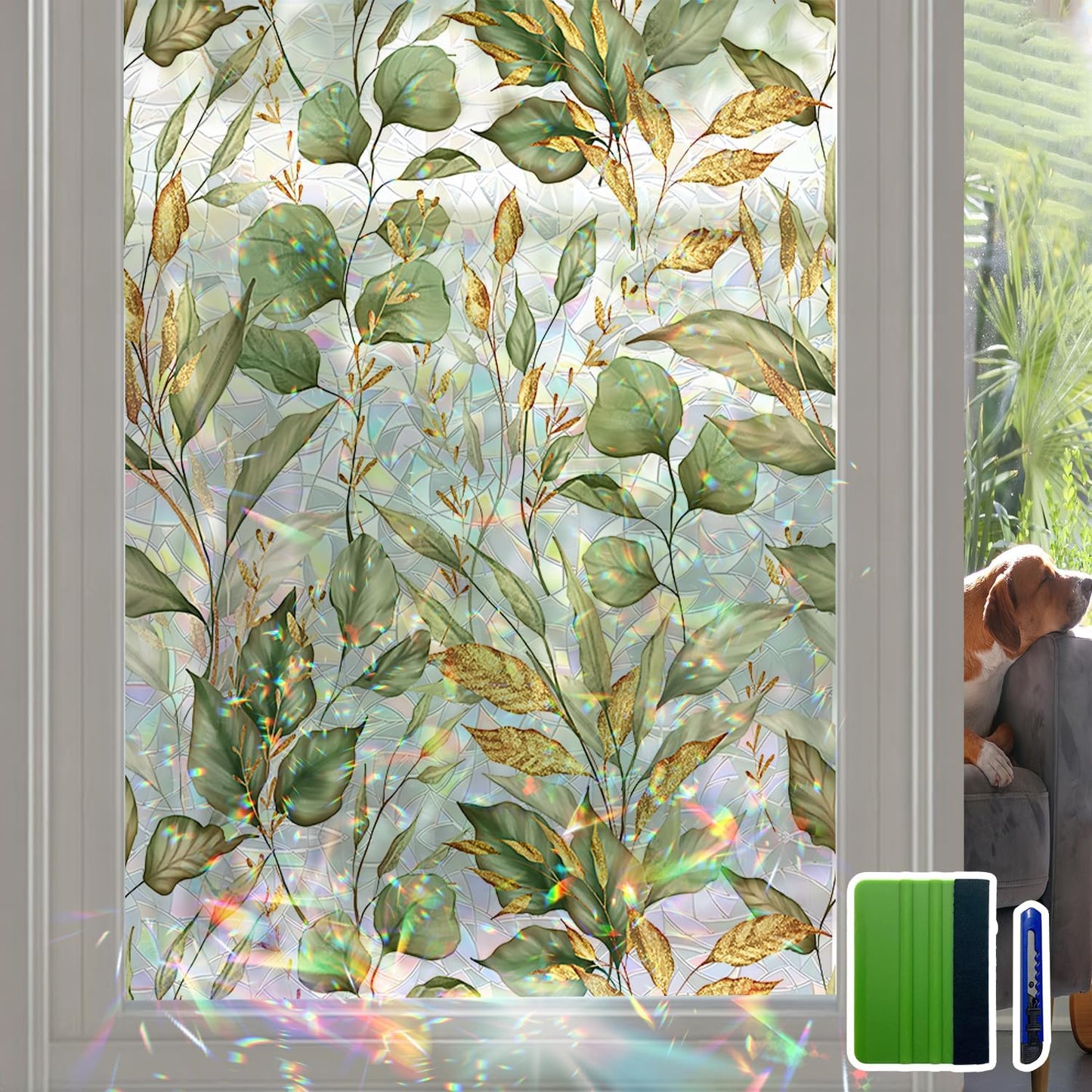 Rainbow Window Privacy Film with Tools, 3D Stained Glass Window Film, Spring & Autumn Leaves, 16.93" x 78.74"(43X200CM)