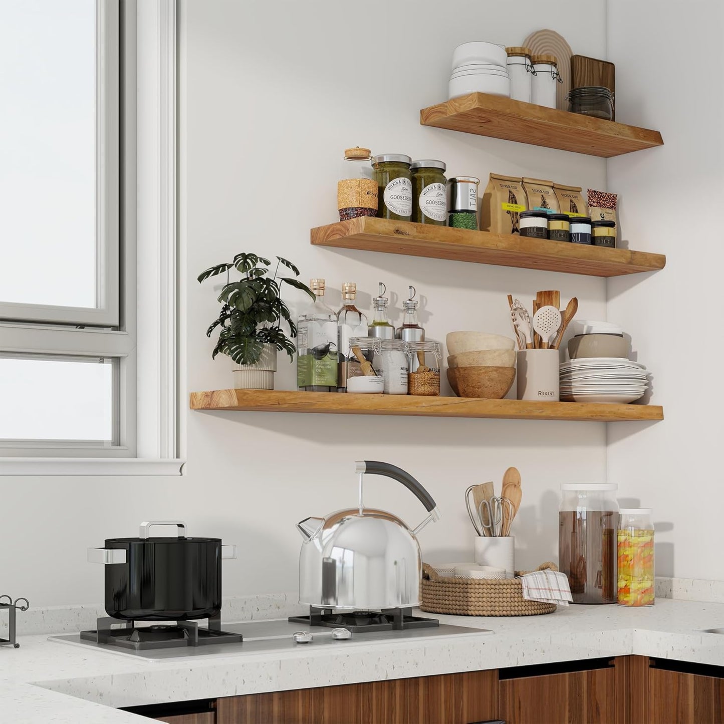 Axeman 24 inch Floating Shelves for Wall - 8'' D Live Edge Rustic Solid Elm Wood Floating Shelves Wall Mounted, Wall Shelves with Invisible Bracket for Living Room Bedroom Kitchen, Set of 2 Natural