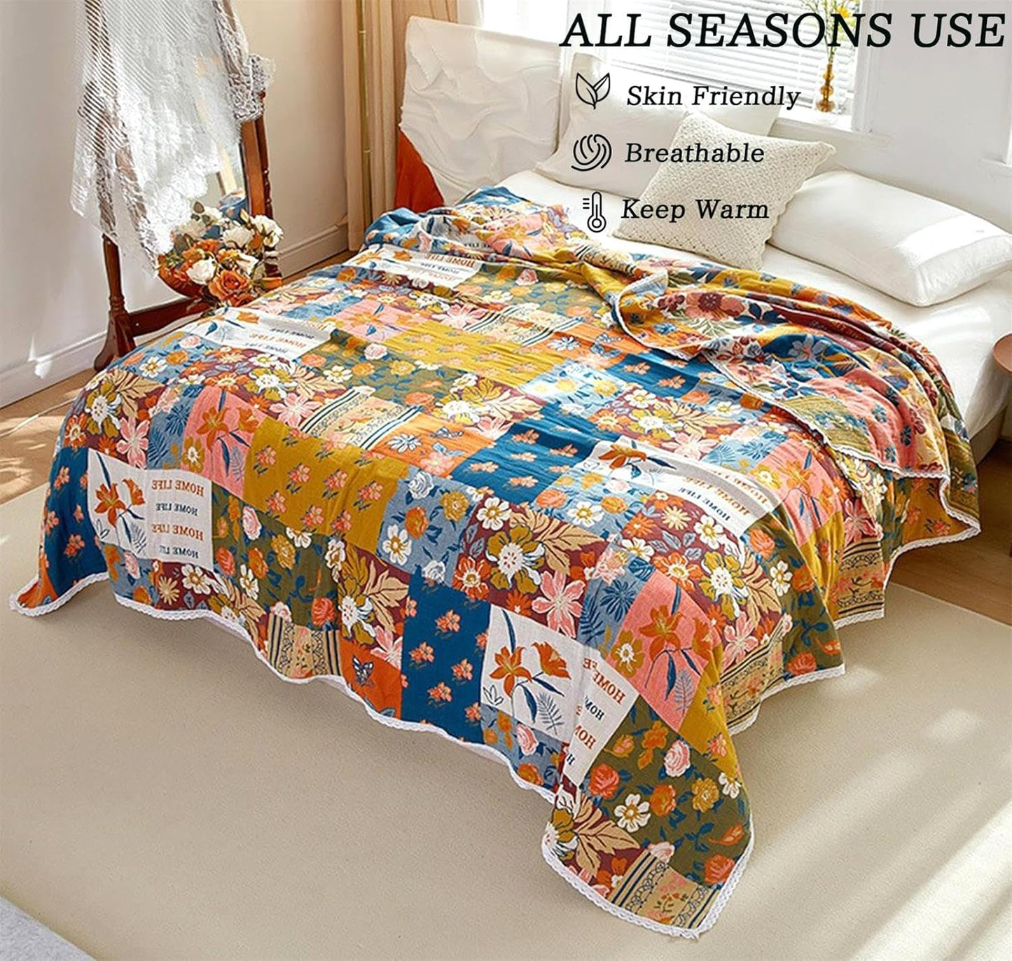 Throw Blanket for Couch Bed, 100% Cotton Muslin 60''x80'' Travel Bed Blankets Mexican Boho Quilt Flowers Blanket Lightweight Blanket Soft Warm Throws Gifts for Women Mom