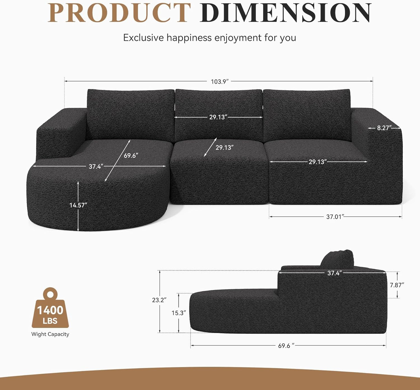 Modular Sectional Sofa with L-Shape Chaise,Cloud Sectional Modern Sleeper Couch with Deep Seat,Sponge Compression Sofas No Assembly Required (Black-Sherpa Fabric) 1PCS