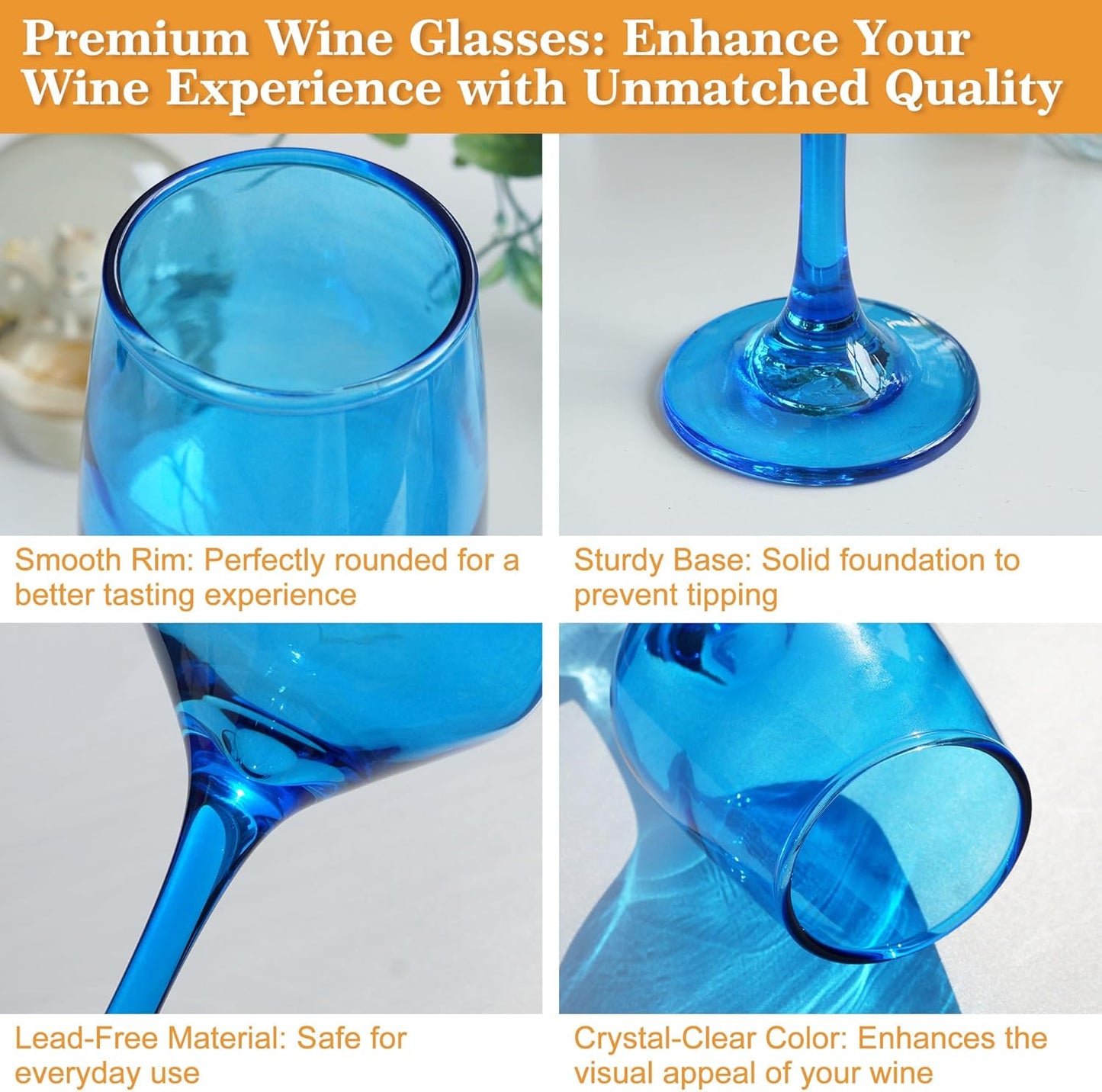 Blue Wine Glasses Set of 6-12oz Blue Long Stem Wine Glass Cups, Pretty Crystal Glassware, Hand Blown Goblets Drinkware, Unique Drinking Stemware Holiday Gift Set