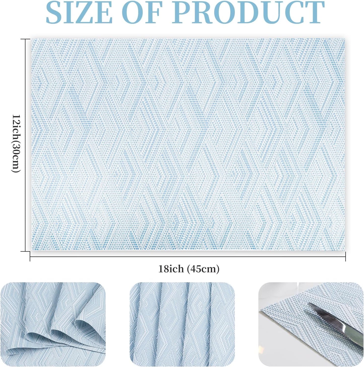 Vinyl Plastic Placemats Set of 6 Washable Heat Resistant Non-Slip Elegant Indoor Outdoor Kitchen Dining PVC Woven Table Place Mats (Sky Blue Rhombus)