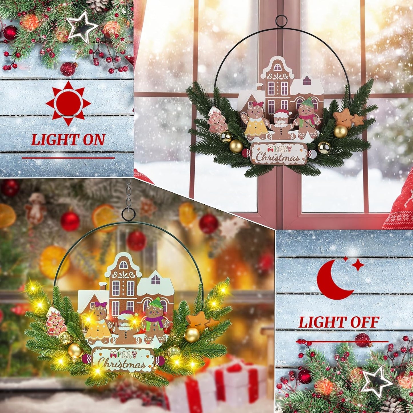 Light up Christmas Wreaths for Front Door, Welcome Metal Wooden Door Wreath Decor Hanging Sign, 30 LED Lighted Wall Decor Battery Operated for Halloween Indoor Outdoor (Gingerbread Man)