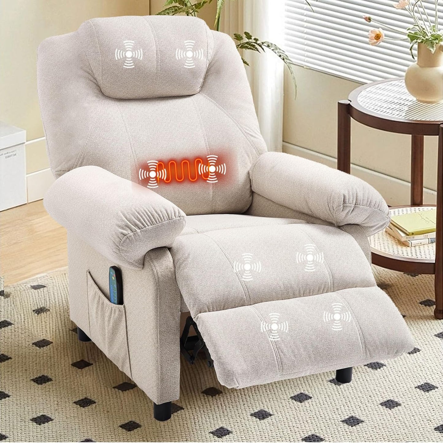 KCREAM Massage Chair Recliner with Heating,Recliner Chair for Adults,Small Recliners for Small Spaces Overstuffed Reclining Chairs Single Sofa Recliners with Side Pocket for Living Room,Fabric Beige