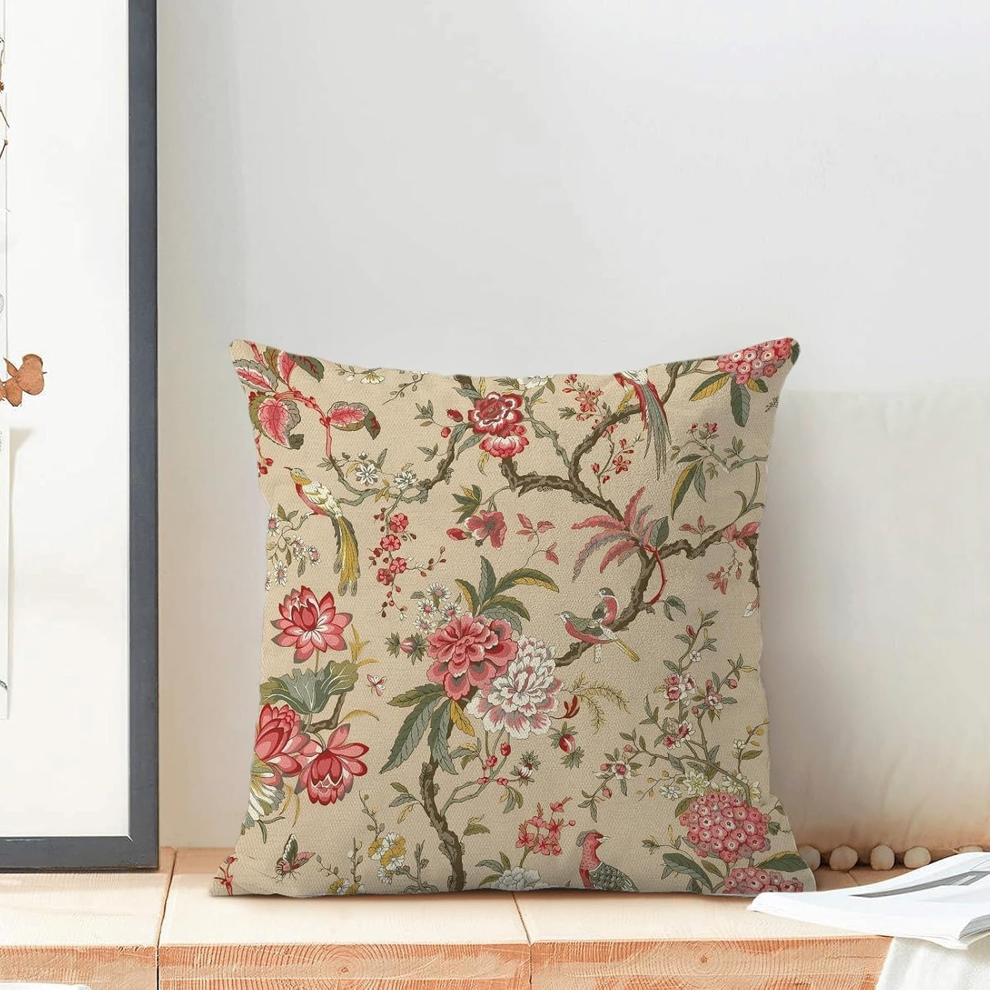 CXMEIFLY Spring Floral Birds Pillow Covers 20 x 20 Inch Set of 2 for Chinoiserie Flowers Decor Throw Pillows Pink Red Plant Outdoor Decorative Cushion Cases for Couch Bed Decorations