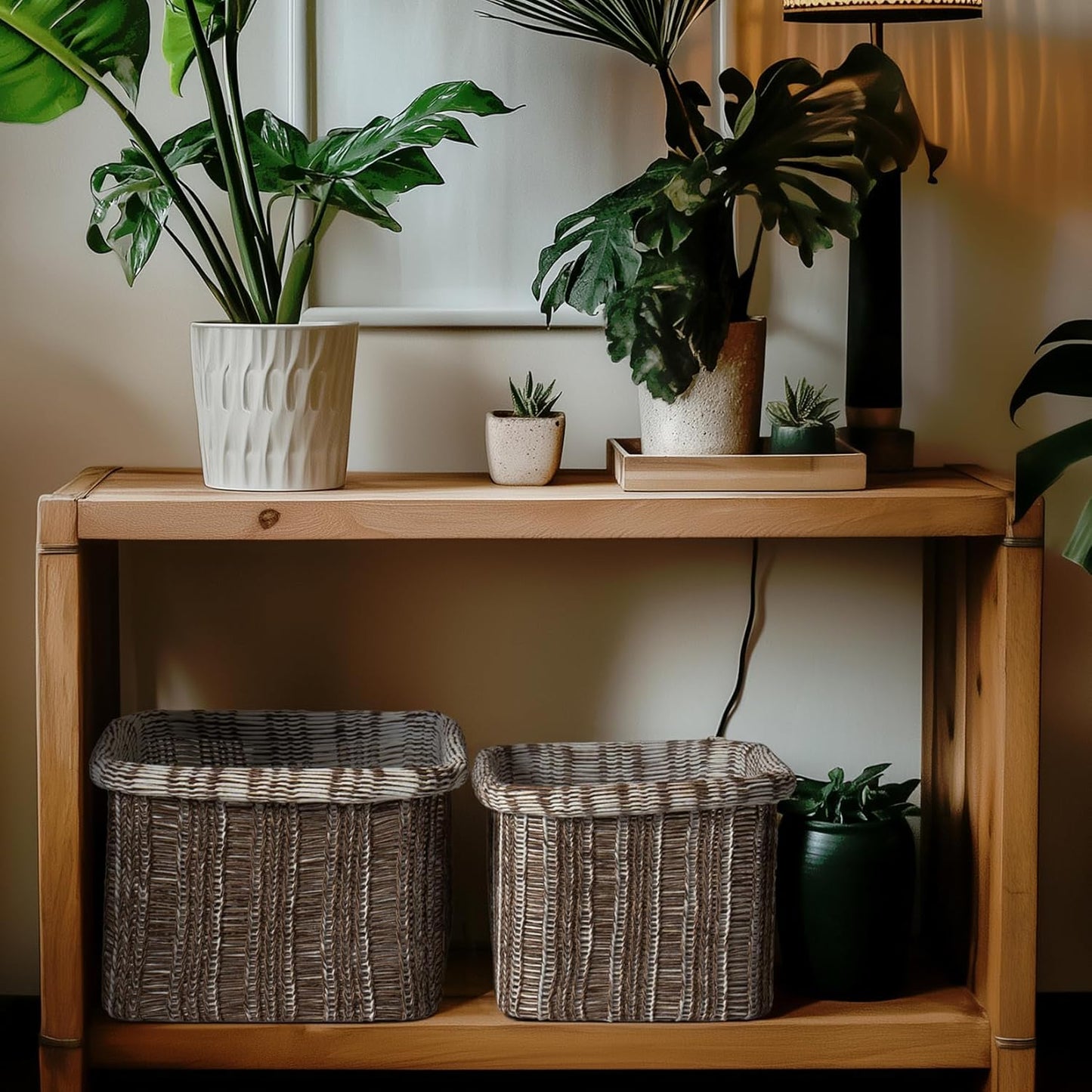 La Jolie Maison Blended Fabric Storage Baskets Set of 2, Rectangle Knitted Baskets for Organizing, Boho Decorative Baskets, Unique Design, Durable Finish, Mocha