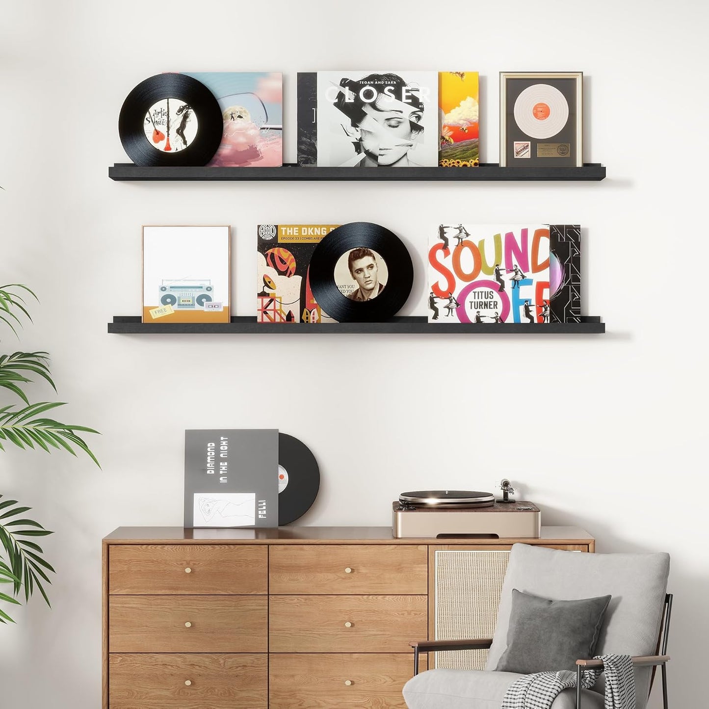 Picture Ledge Shelf, Floating Shelves Set of 2, Solid Pine Wood 55'' Long Large Nursery Book Shelves for Toys Storage, Kids Bookshelf for Living Room Bedroom Decor Books Photo Frames, Black