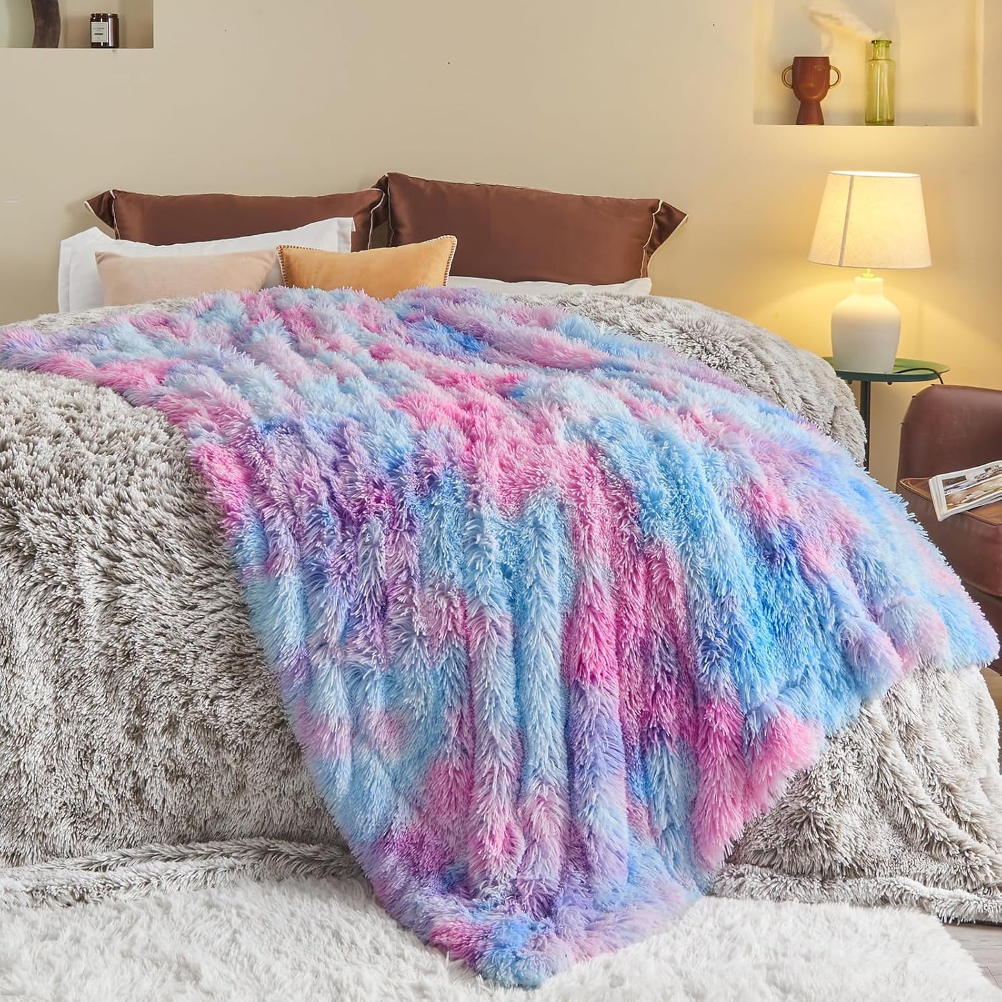 GONAAP Fuzzy Faux Fur Throw Blanket Queen Size Purple Rainbow Super Soft Cozy Plush Fuzzy Shaggy Blanket for Couch Sofa Bed (Purple Rainbow, Queen(90"x90"))