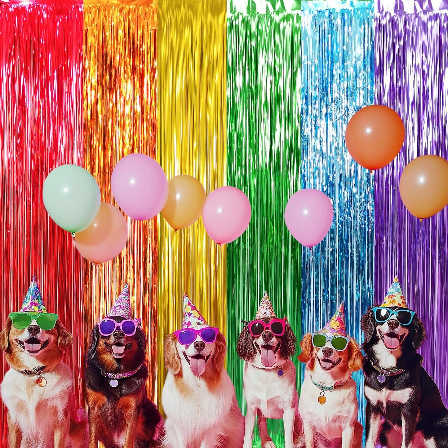 GOER 6.5 ft x 8.2 ft Metallic Tinsel Foil Fringe Curtains,Pack of 2 Party Streamer Backdrop for Birthday,Graduation Decorations and New Year Eve (Rainbow Colors)