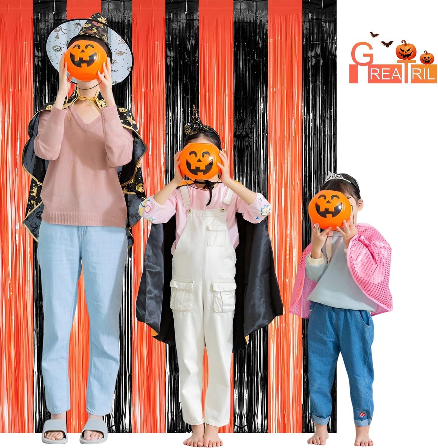 Black Orange Streamers Party Backdrop - GREATRIL Tinsel Fringe Curtain for Halloween Decorations/Pumpkin/Birthdays Party Decoration - 3.2ft X 8.2ft - 2 Packs