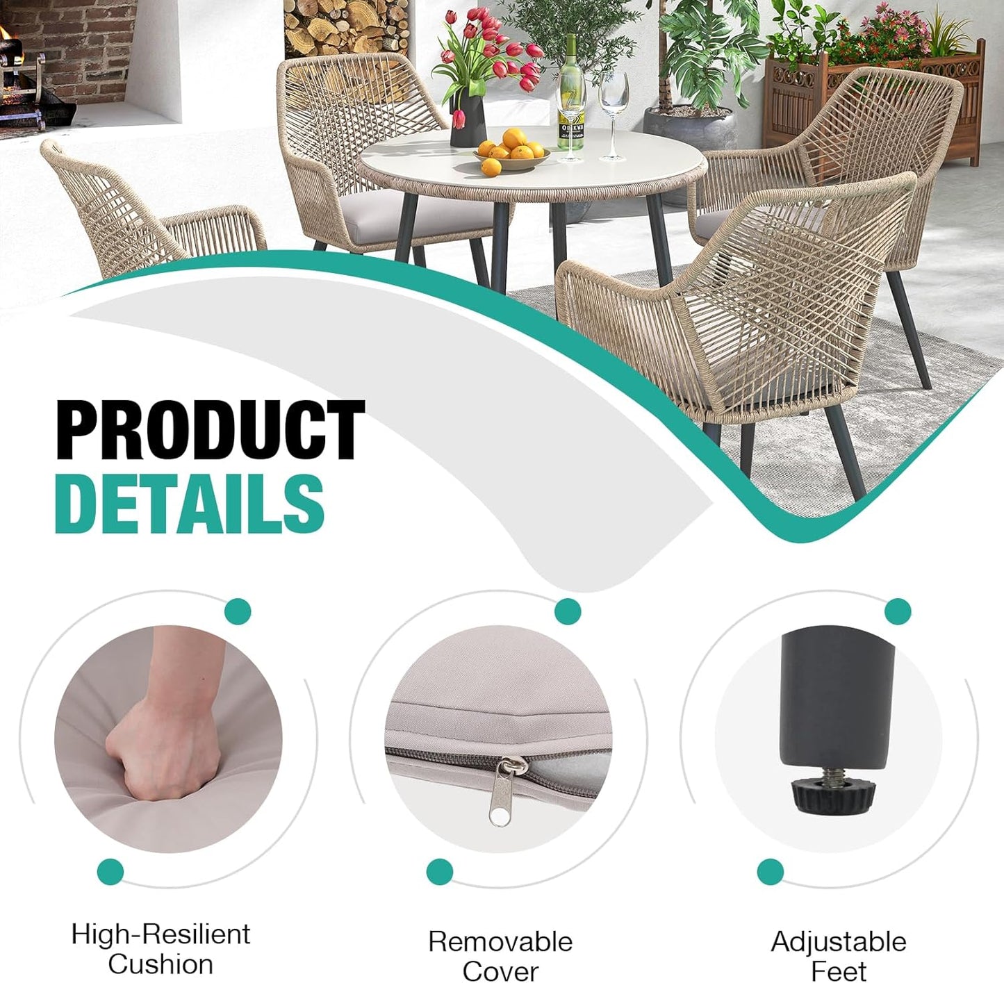 Patiorama Patio Dining Chair Set of 4, Woven Rope Outdoor Dining Chairs w/Steel Frame, All-Weather Twisted Rattan Chairs w/Armrest & Cushion, Outdoor Dining Wicker Chairs for Backyard Garden(Beige)