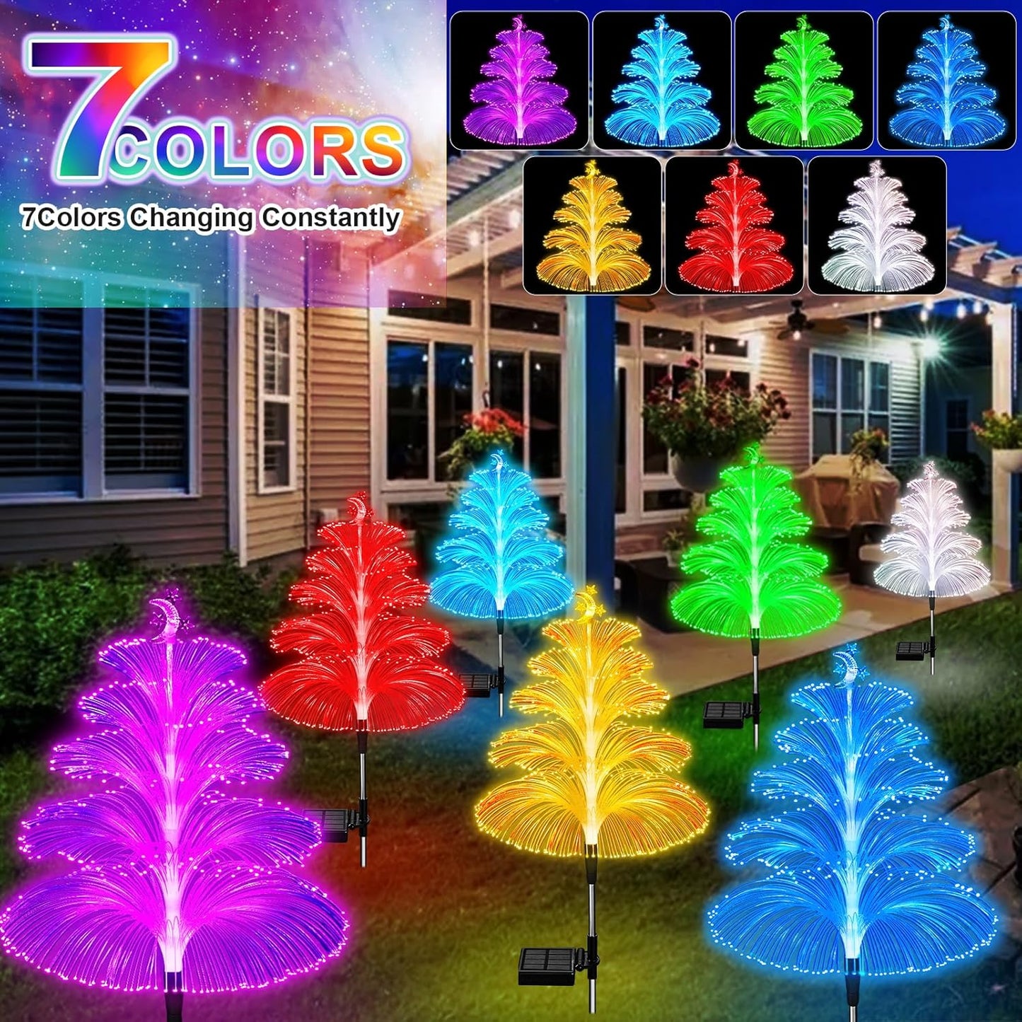 Solar Christmas Tree Lights Decorations Outdoor Waterproof 5 Layer Optical Fiber 7 Color Changing for Yard Pathway Outside Decorative Gifts Christmas, 3 Pack