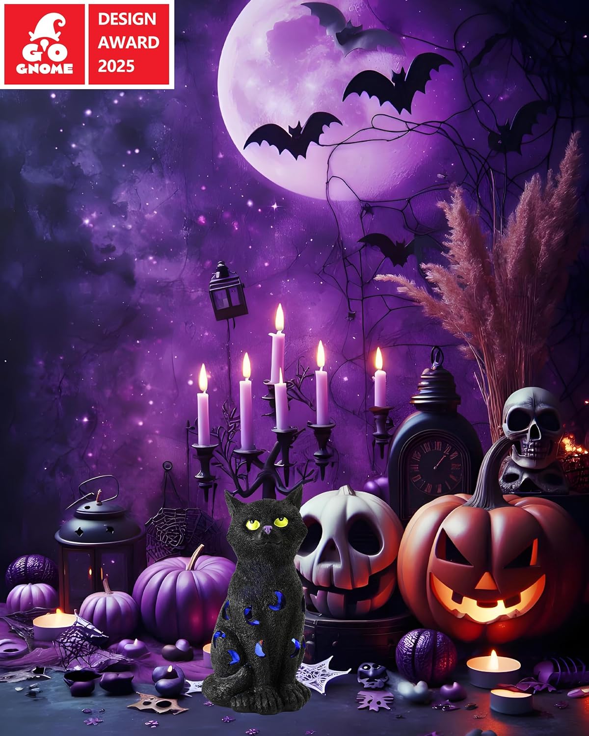 Black Cat Decor Halloween Decorations - 7.3'' Tall Resin Figurine with Moon Cutouts Color-Changing LED Flickering Lights (Halloween Cat)