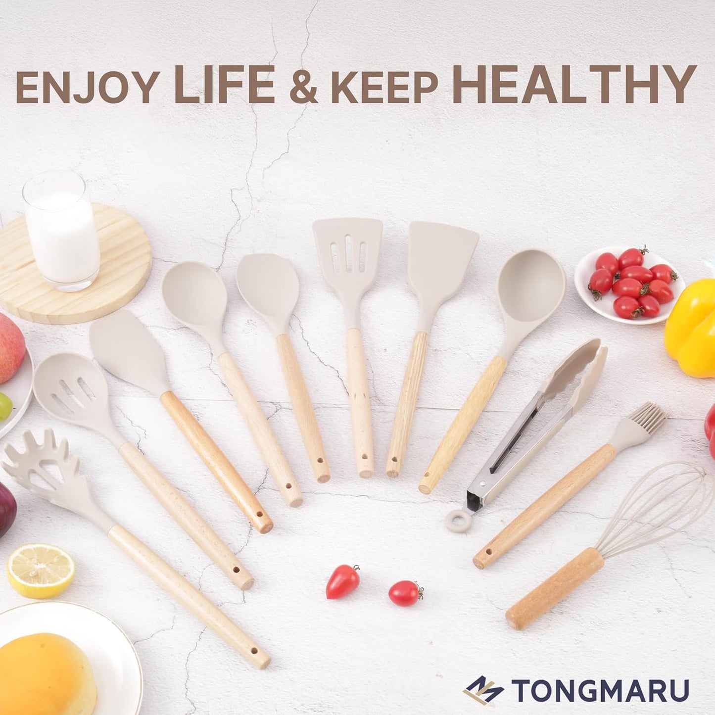 Silicone Cooking Utensils Set, Premium Beech Wood Handle Kitchen Gadgets Utensil Set, Non-Stick Kitchen Utensils Spatula, Tongs, Turner, Whisk, Brush, Spoon, BPA FREE, 446°F Resistant (Khaki)