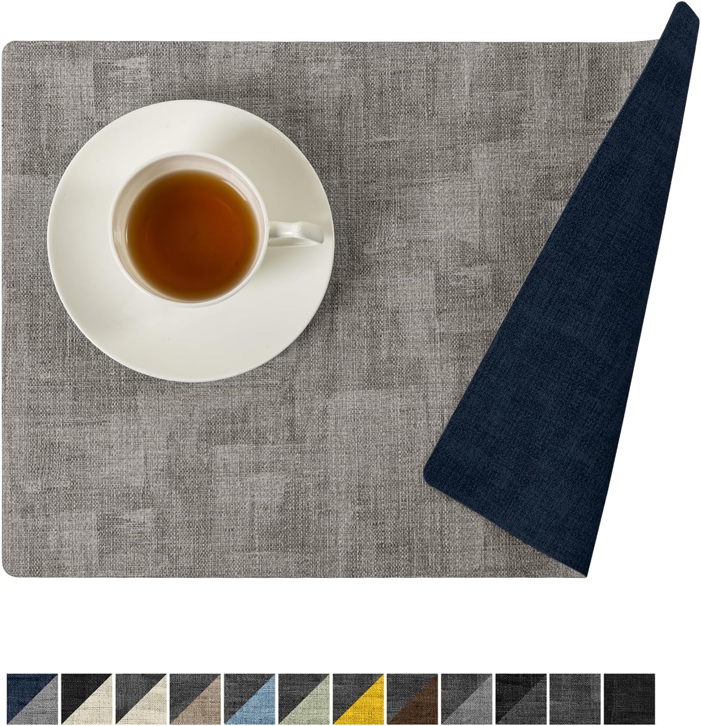 Romanstile Reversible Vinyl Placemats Set of 4, Faux Leather 100% Waterproof Oil-proof Wipeable Place Mats, Heat Resistant Dual Sided Table Mats for Kitchen/Dining/Party (Grey Nave Blue, 12 x 17 Inch)