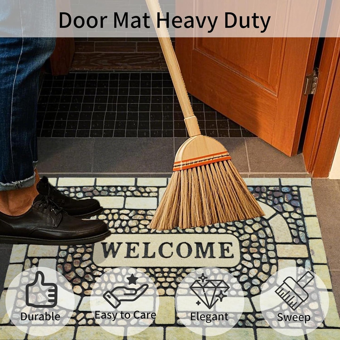 Door Mat Welcome Mat, Heavy Duty Door Mat 17.7 x 29.5 Inch Front Door Mat Rug Doormat for Outdoor Entrance Home Non-Slip Rubber Rug for Front Door, Outside, Entryway, Patio (Yellow Welcome)