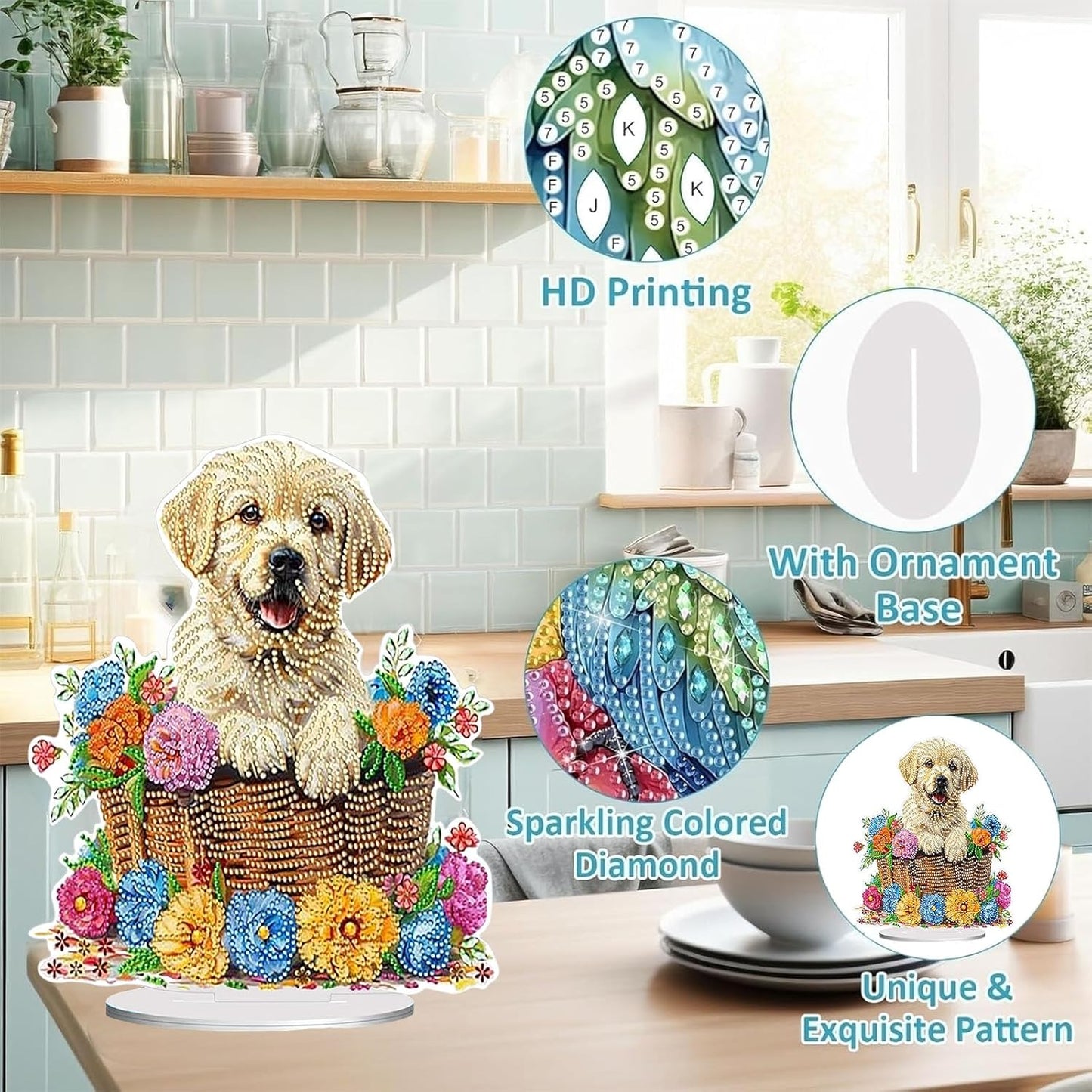 Diamond Painting Kits for Adults Beginners, 5D Full Drill Dog Crystal Art Desktop Ornament, DIY Single Sided Home Office Desk Decor, Creative Craft Gift Set with Tools