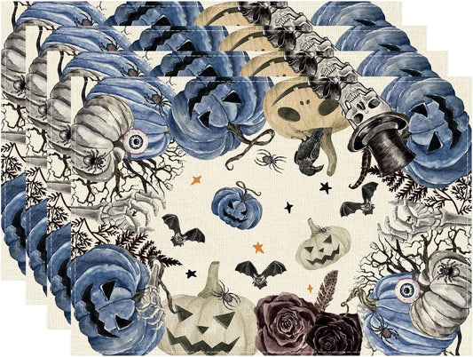 XCHI Spooky Blue Pumpkin Halloween Placemats Set of 4 Table Mats for Party Home Kitchen Dining Table Decorations 12x18 Inch
