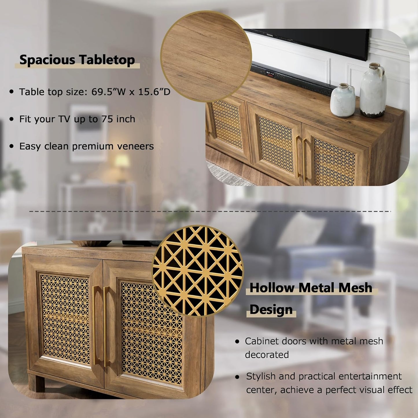 JYED Mid Century Modern TV Stand for TVs up to 75 Inch, with Hollow Metal Mesh Decorated，Boho TV Console with Storage Cabinet,Cable Holes, TV Stand for Living Room, 69.5"x15.6"x24.8", Rustic