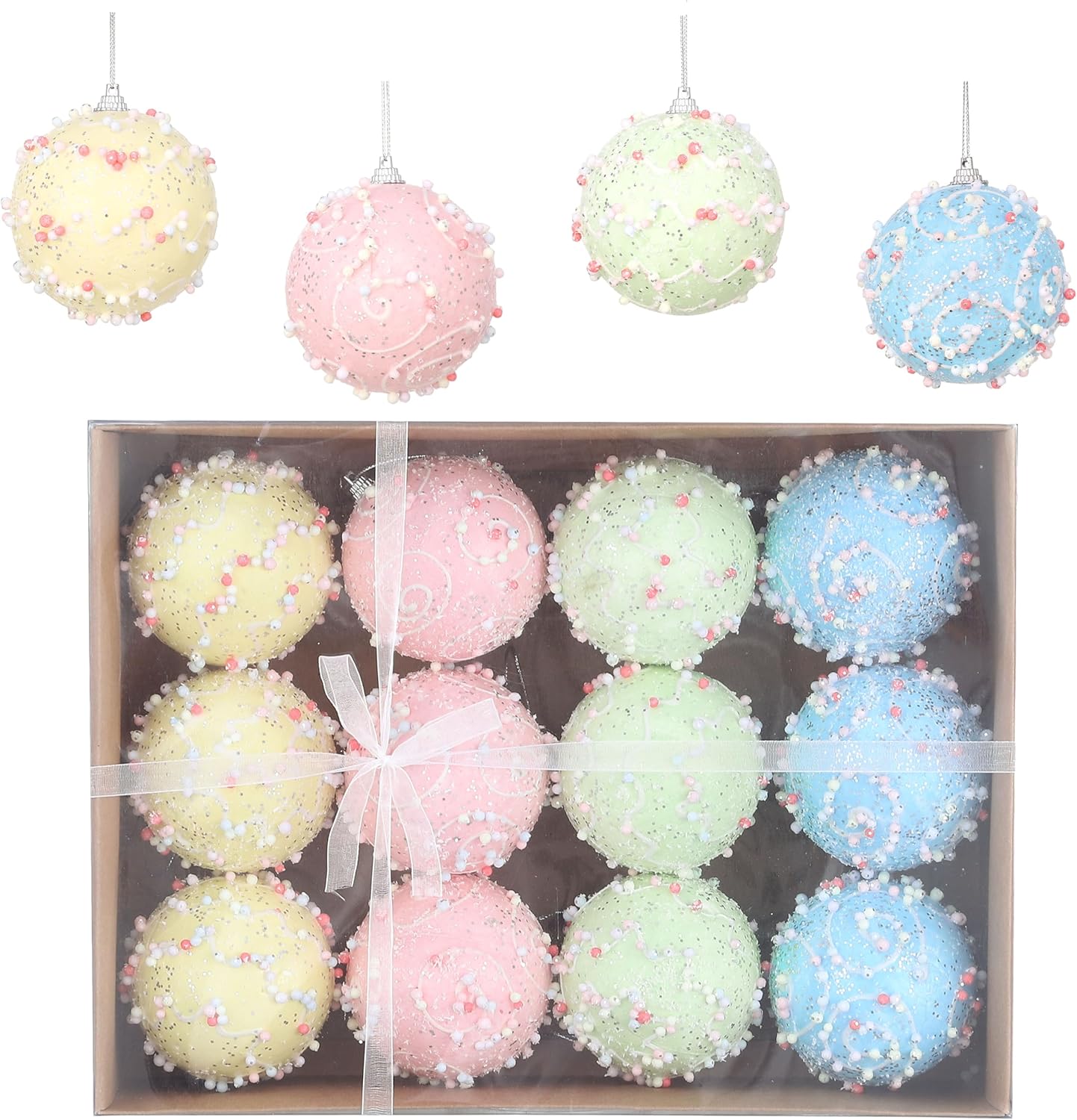 Christmas Tree Ball Ornament Set 12pcs 80mm/3.15inch Macaron Glittering Shatterproof Foam Hanging Christmas Ball Ornaments for for Xmas New Year Birthday Home Party Supplies (Round)