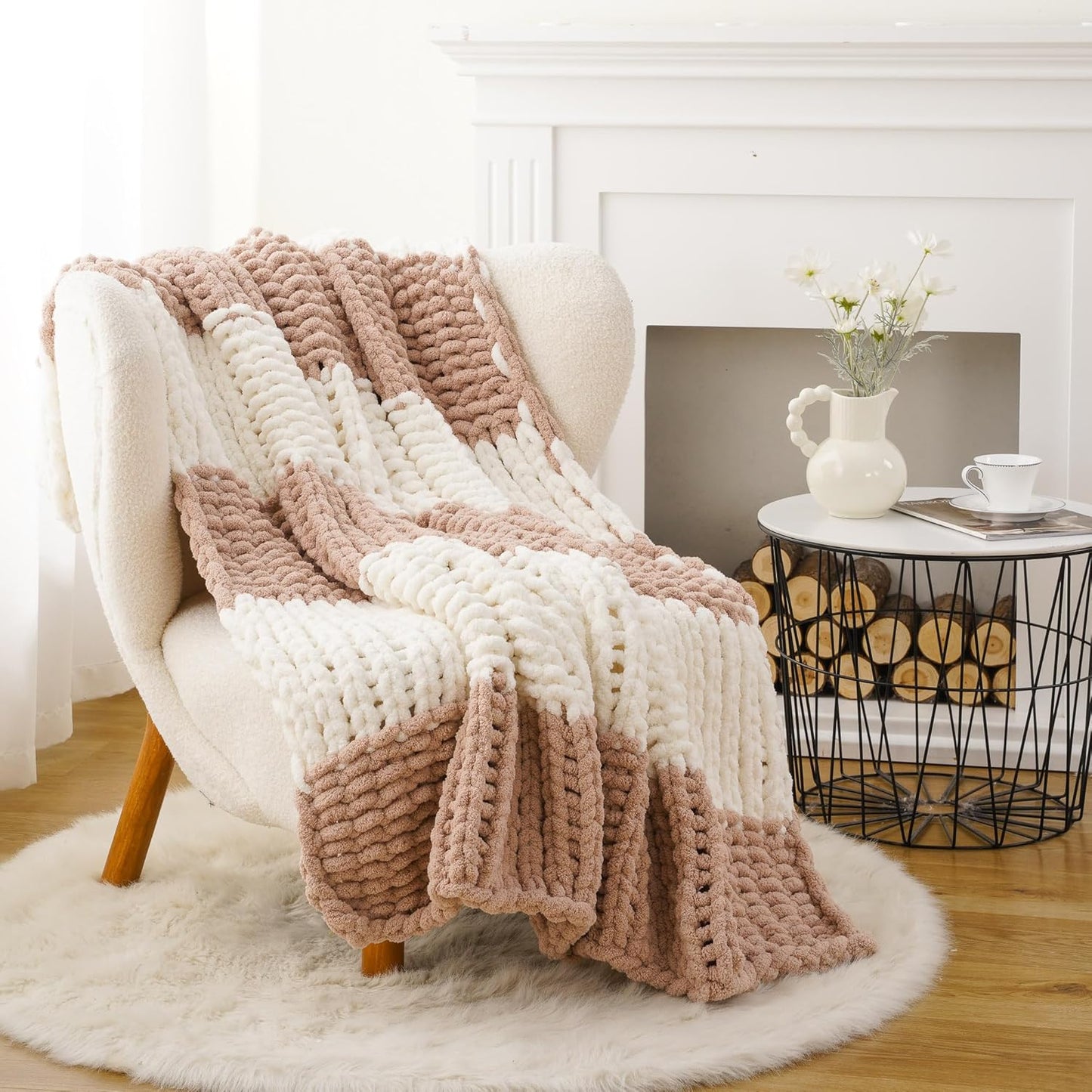 Battilo Chunky Knit Throw Blanket, Soft and Thick Chenille Throw Blanket, 50"x60" Handmade Cable Knit Crochet Blanket, Large Rope Knot Throw Blankets for Couch Sofa Bed Home Decor, Blush & White