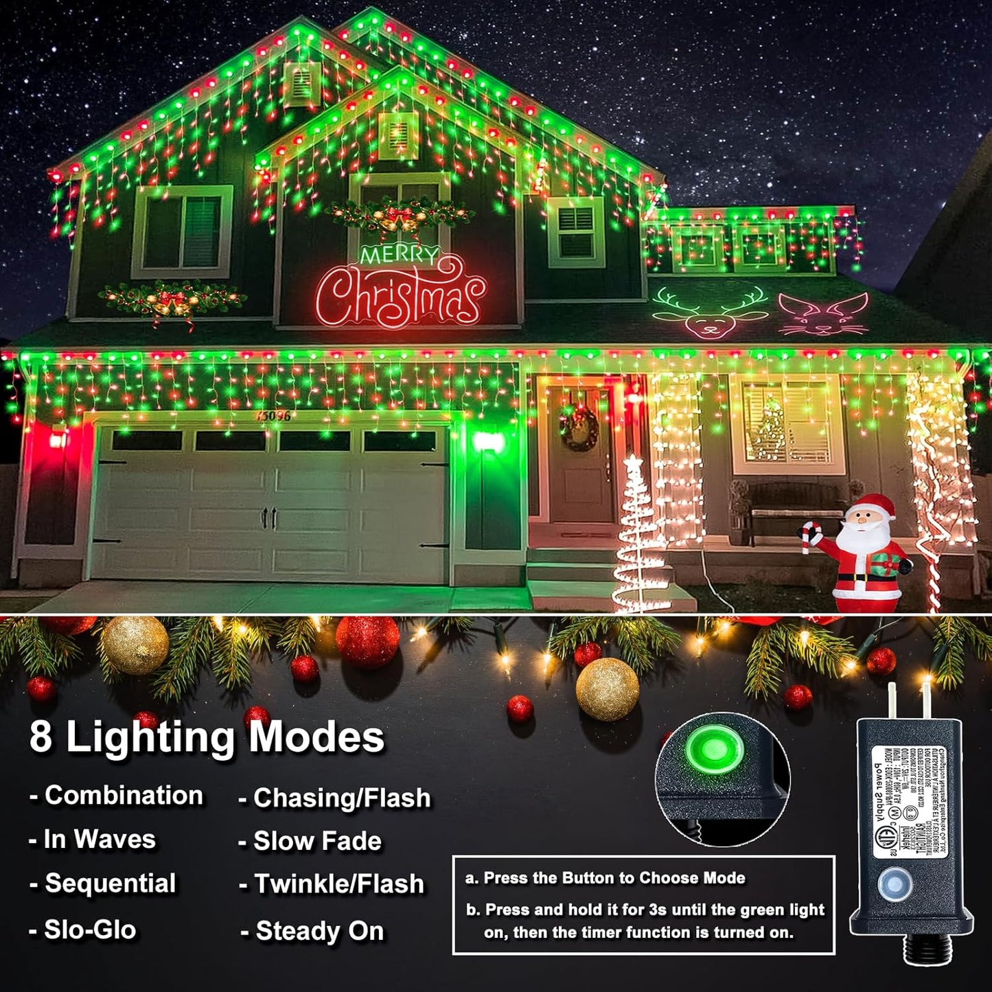 Icicle Lights for Outside, 33FT 400 LED Christmas Lights Outdoor with Waterproof 8 Modes, Plug in Connectable String Twinkle Light for Indoor Roof Window Garden Fence Party Decorations, Red Green