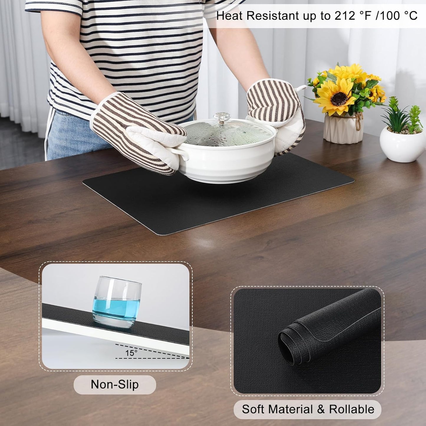 Myir JUN Placemats Dual Sided, Faux Leather Place Mats Set of 6 Indoor Placemats for Dining Table Outdoor Placemats Square Non-Slip Washable Table Mats (Black, Set of 6)