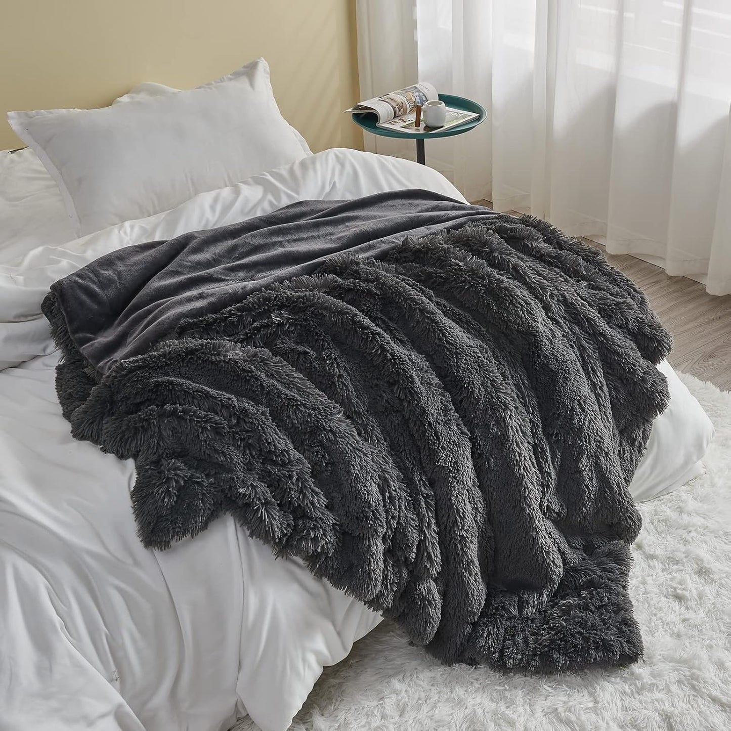 GONAAP Fuzzy Faux Fur Throw Blanket Twin Size Dark Grey Super Soft Cozy Plush Fuzzy Shaggy Blanket for Couch Sofa Bed (Dark Grey, Twin(60"x80"))