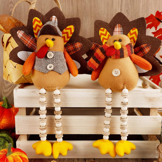 winemana Thanksgiving Decorations Set of 2 Turkeys with Dangling Legs, Mr and Mrs Turkey Couple Plush Tabletop Centerpieces for Fall Harvest Home Kitchen Shelf