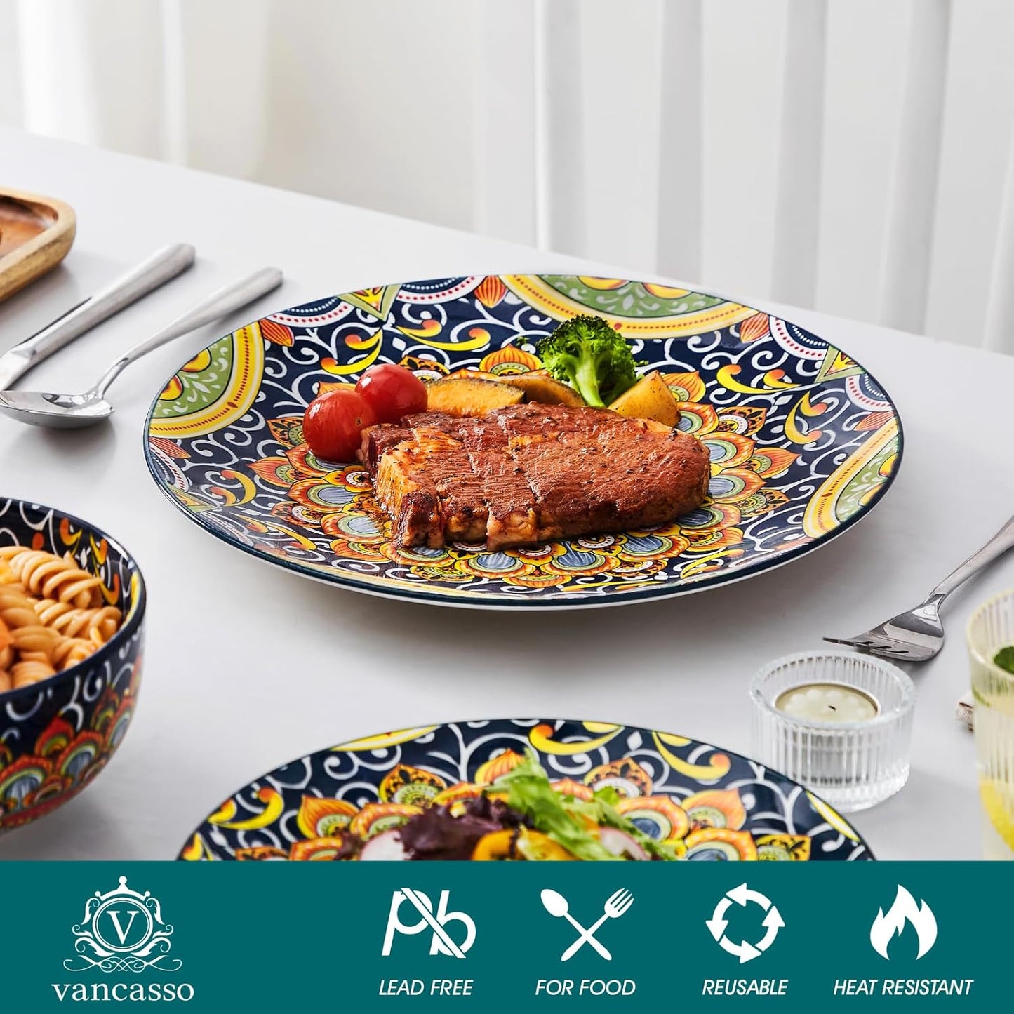 vancasso 12 Pieces Dinnerware Sets, Dark Green Plates and Bowls Set, Porcelain Dishes Set for 4, Microwave and Dishwasher Safe, Scratch Resistant, Bohemian Style Dining Ware Service for 4, Series SIMI