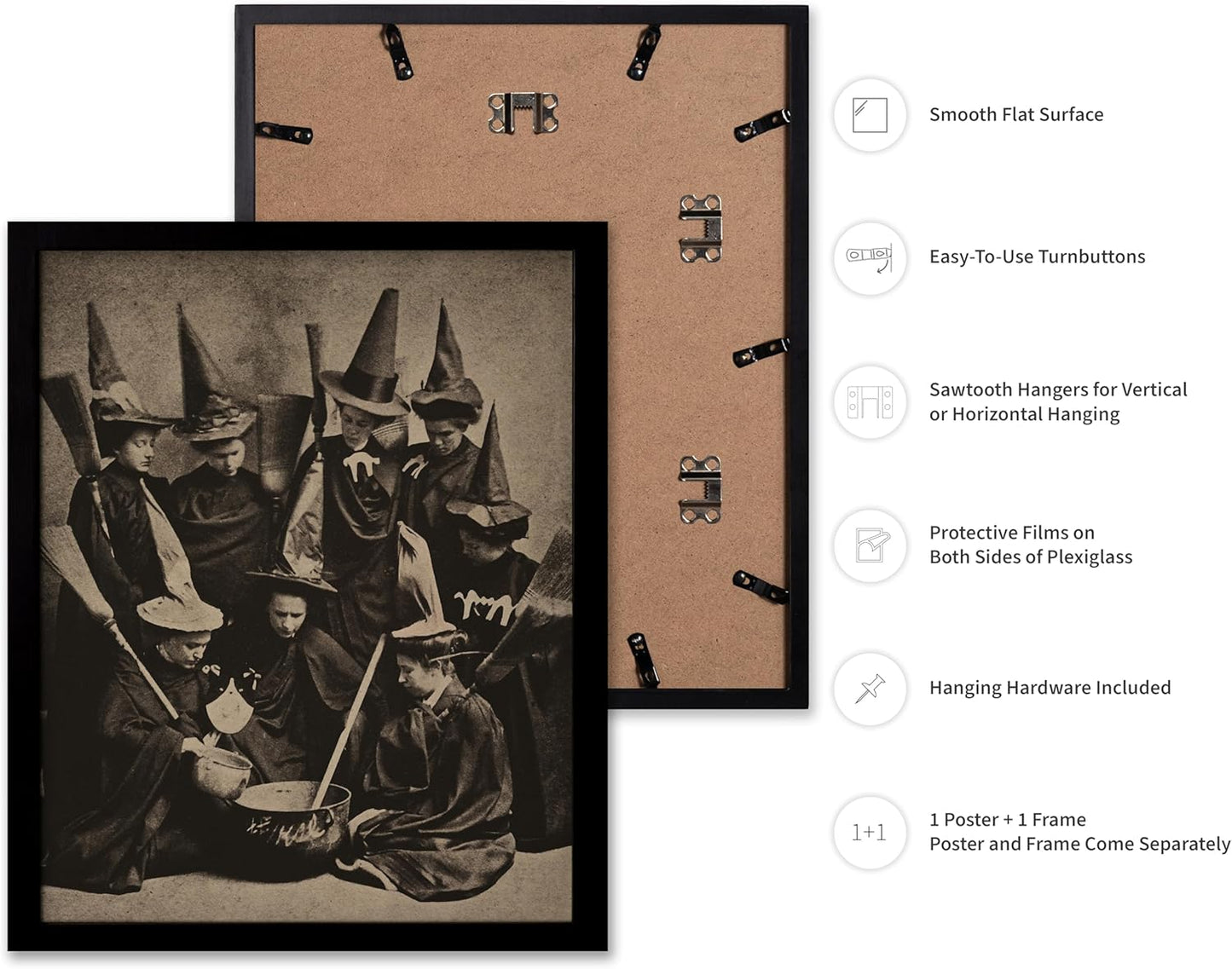 Poster Master Vintage Photograph Poster - Retro Halloween Print - Gift for Artist, Friend - Witches Cooking, Pointy Hats, Broomsticks, Black Magic - Wall Decor for Bedroom, 8x10 Black Framed