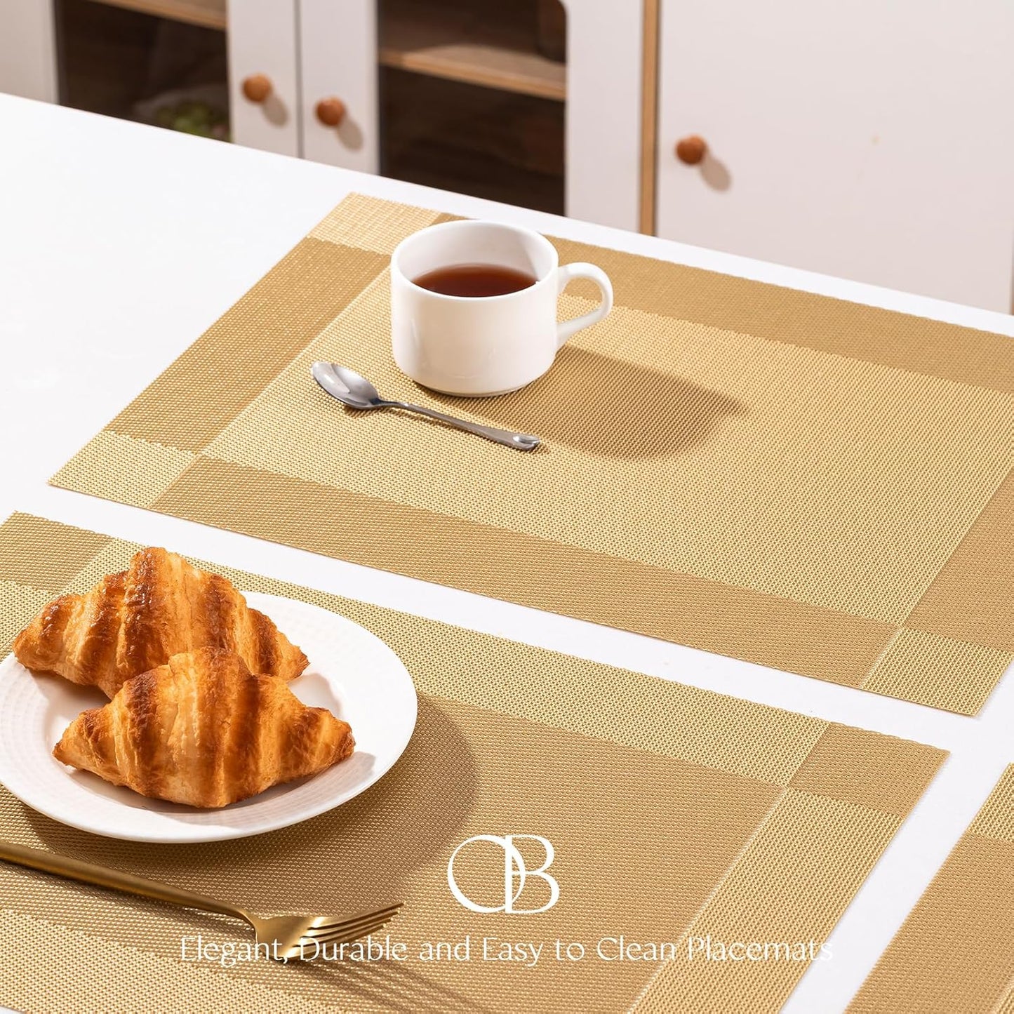 Placemats Set of 6 - Easy Clean Woven Vinyl Placemats for Dining Table, Indoor/Outdoor Place Mats, Washable PVC Table Mats（Gold Cube）