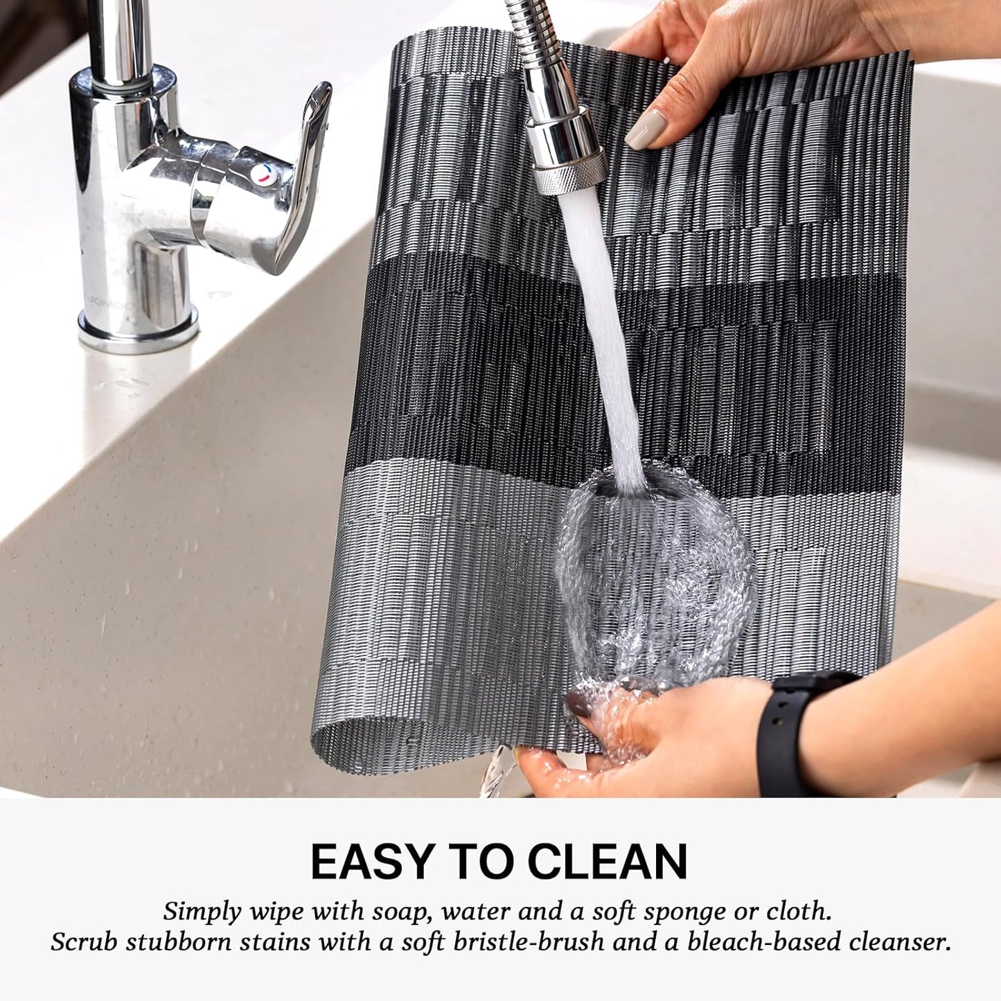 LEXMORE Placemats Set of 8 Vinyl/Plastic Woven Place Mats for Kitchen Table Indoor/Outdoor Washable Placemat Wipeable Dining Table Mats(Silver Gray Black)