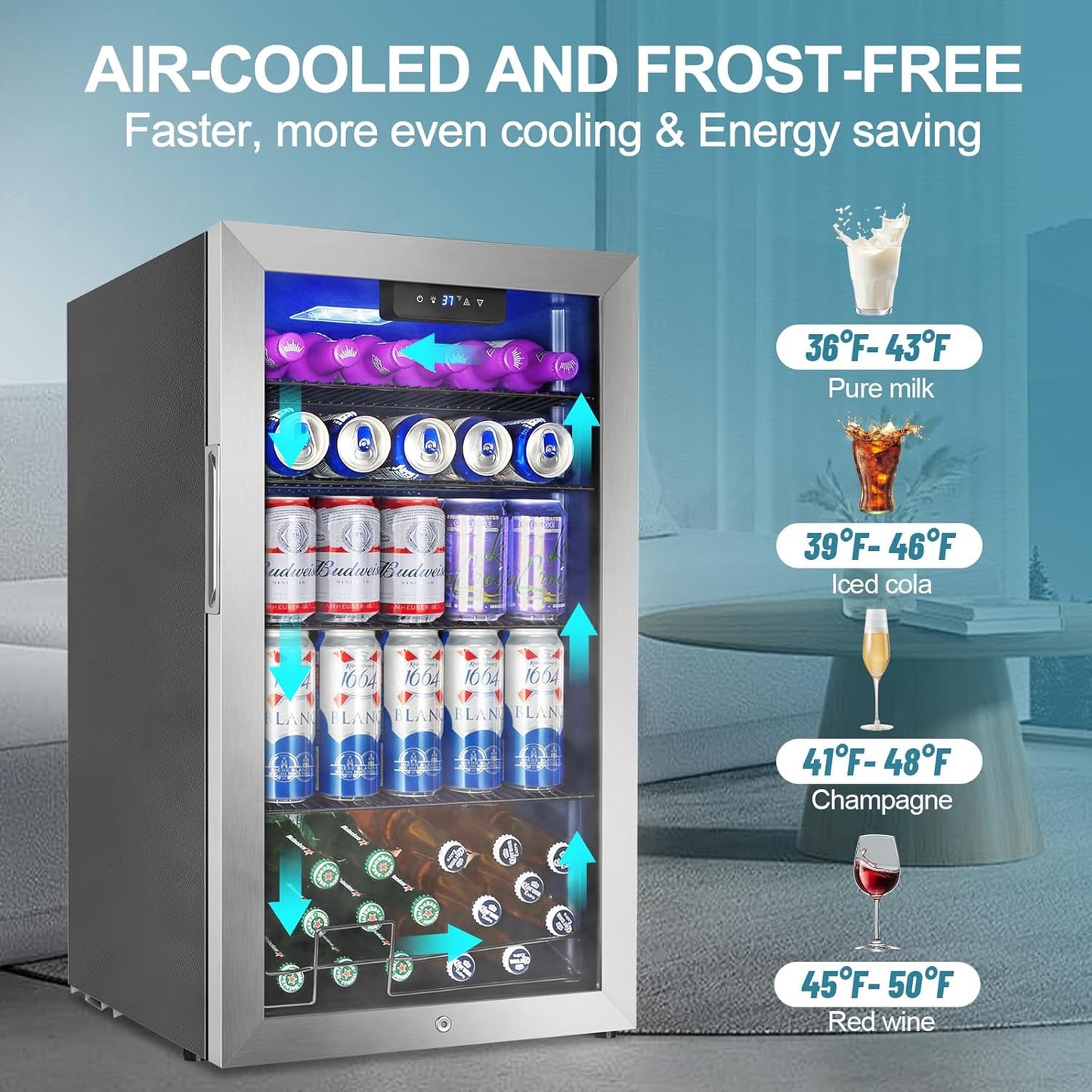 128 Cans Beverage Refrigerator Cooler, 3.2 Cu.Ft Mini Drink Fridge Glass Door for Drink Beer Soda Wine, Beer Fridge with 4 Removable Shelves for Kitchen Bedroom, Office Bar Gaming Room,Stainless Steel