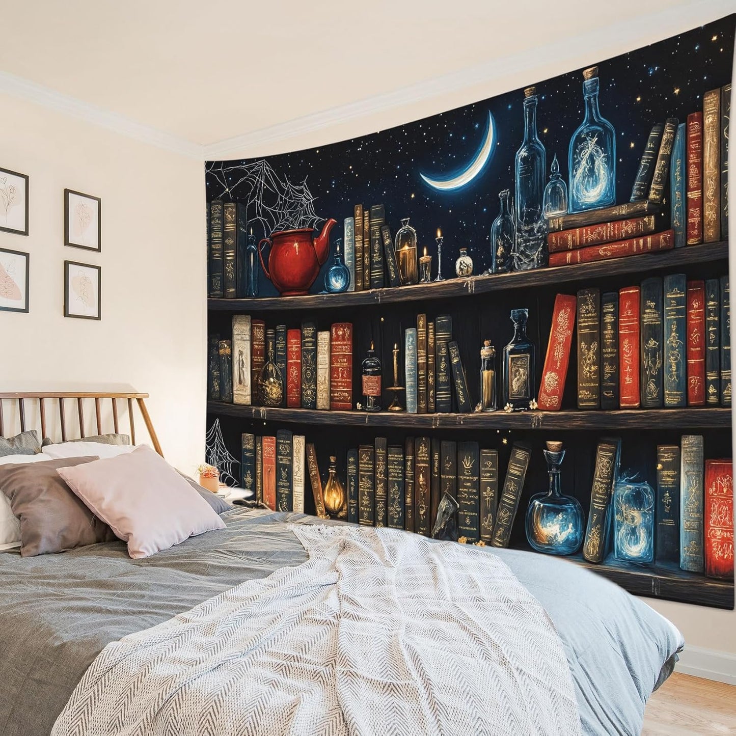 LB Fantasy Bookshelf Tapestry, Horror Spider and Vintage Book with Moon Wall Tapestry for Bedroom Aesthetic, Trippy Galaxy Wall Art for Living Room Dorm Home Decor Ready to Hanging, 80 x 60 Inches