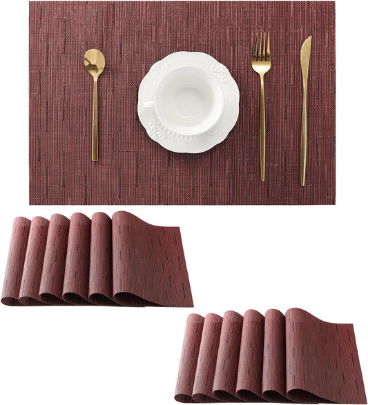 Leetaltree Burgundy Placemats Set of 12 - Heat Resistant Non-Slip Place mats for Dining Table, Washable Durable PVC Vinyl Woven Table Mats（Burgundy, 12）