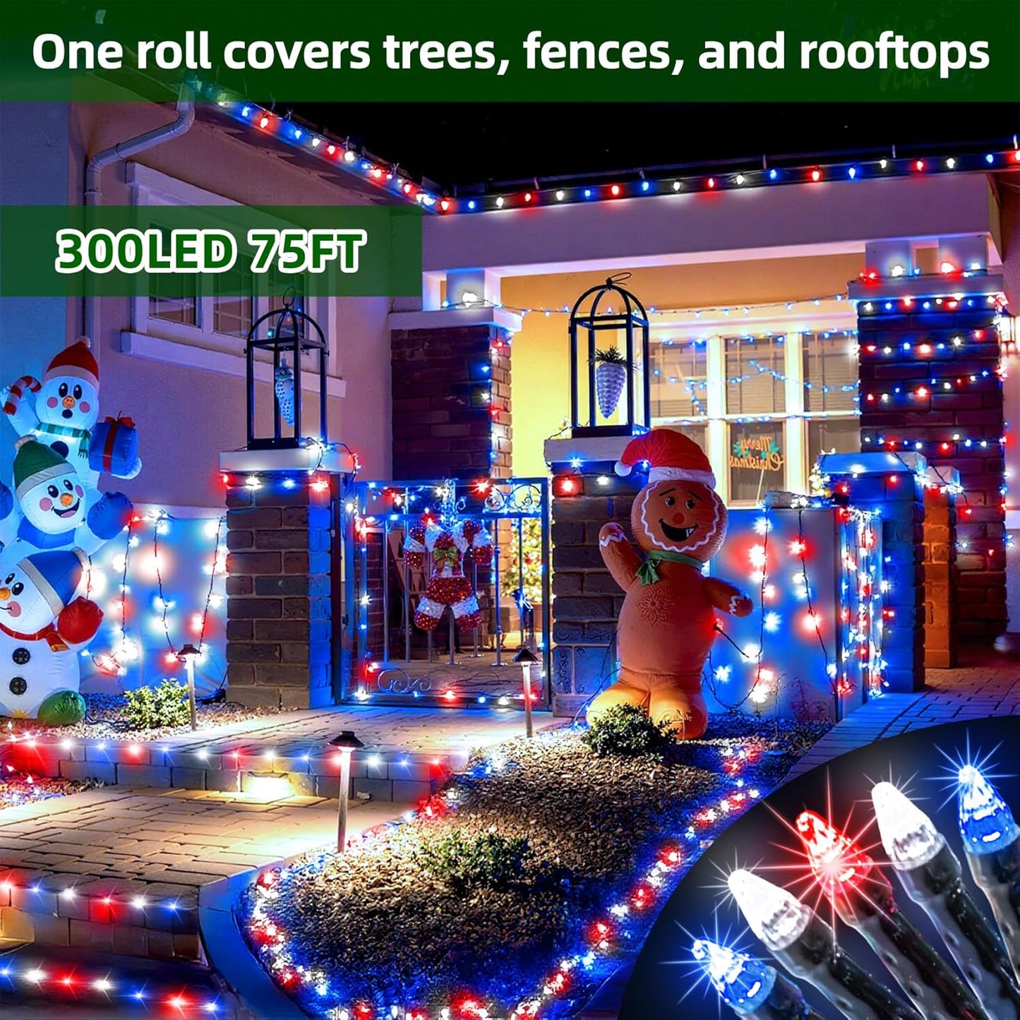 300LED Christmas Lights Outdoor Indoor Use, 12 Lighting Modes 75ft Christmas Tree Lights with Timer, Dimmable Plug in Red White and Blue LED StringLights Waterproof for Yard Tree Wedding Party Holiday