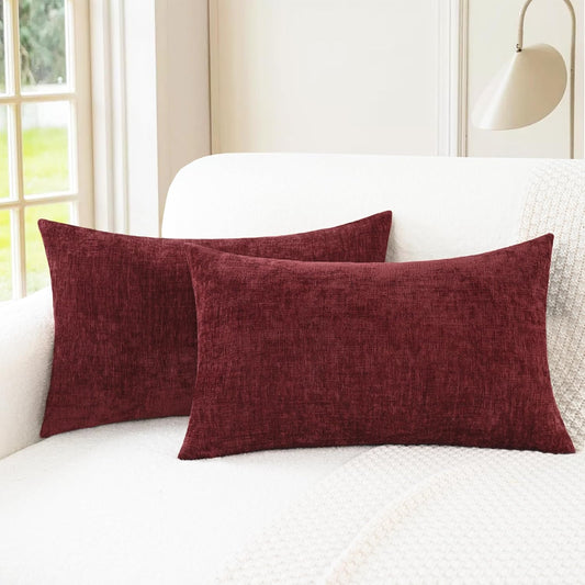 CaliTime Throw Pillow Covers Decorative 12 X 20 Inches Pack of 2 Cozy Chenille Cushion Cases for Couch Sofa Bed Living Room Home Burgundy