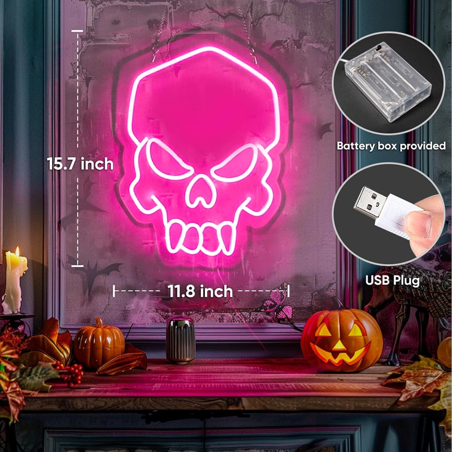 Dimmable Skull Neon Sign,Halloween Pink Neon Sign Light for Wall Decor, Skeleton LED Neon Sign for Beer Bar Bedroom Art,Skull Head Neon Lights Suitable for Computer Room, 5V USB Power 15.75 * 11.8in