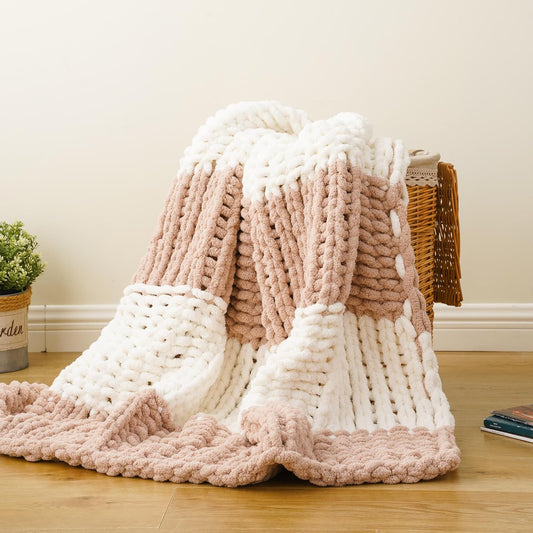 Battilo Chunky Knit Throw Blanket, Soft and Thick Chenille Throw Blanket, 50"x60" Handmade Cable Knit Crochet Blanket, Large Rope Knot Throw Blankets for Couch Sofa Bed Home Decor, Blush & White