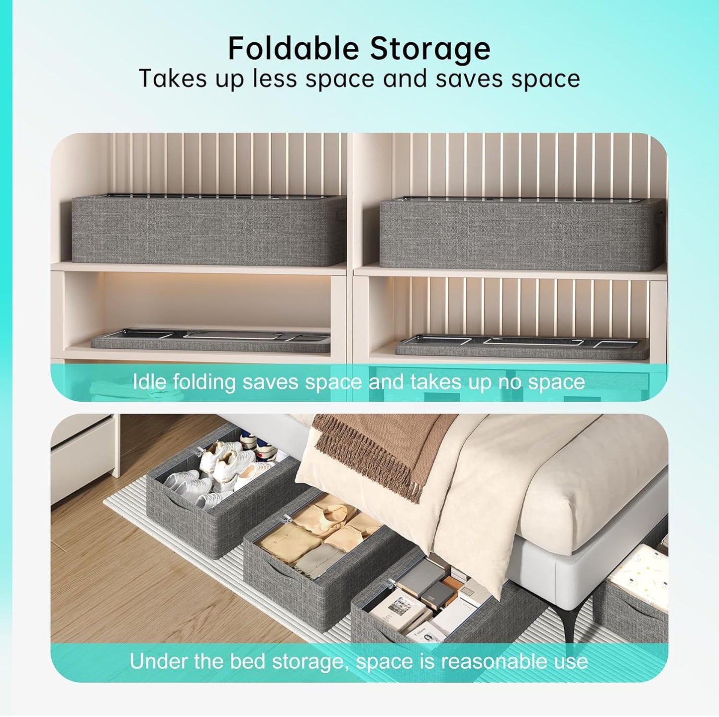 3PCS Under Bed Storage Bins with Metal Frame, Linen Fabric Frame Storage Box Clothes Organizer Bins, Underbed Container with Clear Window (Dark Grey, 15.7 x 13 x 6IN)