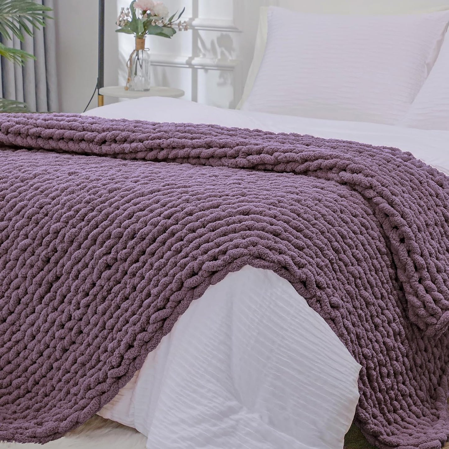 Bigacogo Chunky Knit Throw Blanket for Couch, 40x80 inches, 100% Hand Knitted with Thick Jumbo Chenille Yarn, Cozy Soft Large Rope Knot Cable Crochet Blankets for Sofa Bed Living Room, Winter Grape