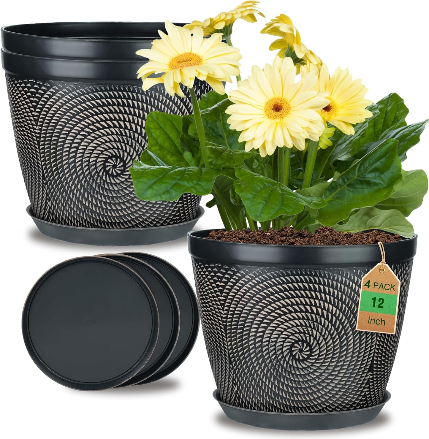 Quarut 12 Inch 4 Pack Large Plant Pots, Plastic Flower Pot for Indoor & Outdoor with Drainage Holes & Saucer, Circle Pattern Planters Garden Pots for Herbs