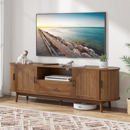 70" Fluted TV Stand for Tvs up to 80", Mid-Century Modern Entertainment Center with Drawers and Fluted Doors, Curved TV Media Console Table with Sliding Doors for Living Room, Bedroom (70")