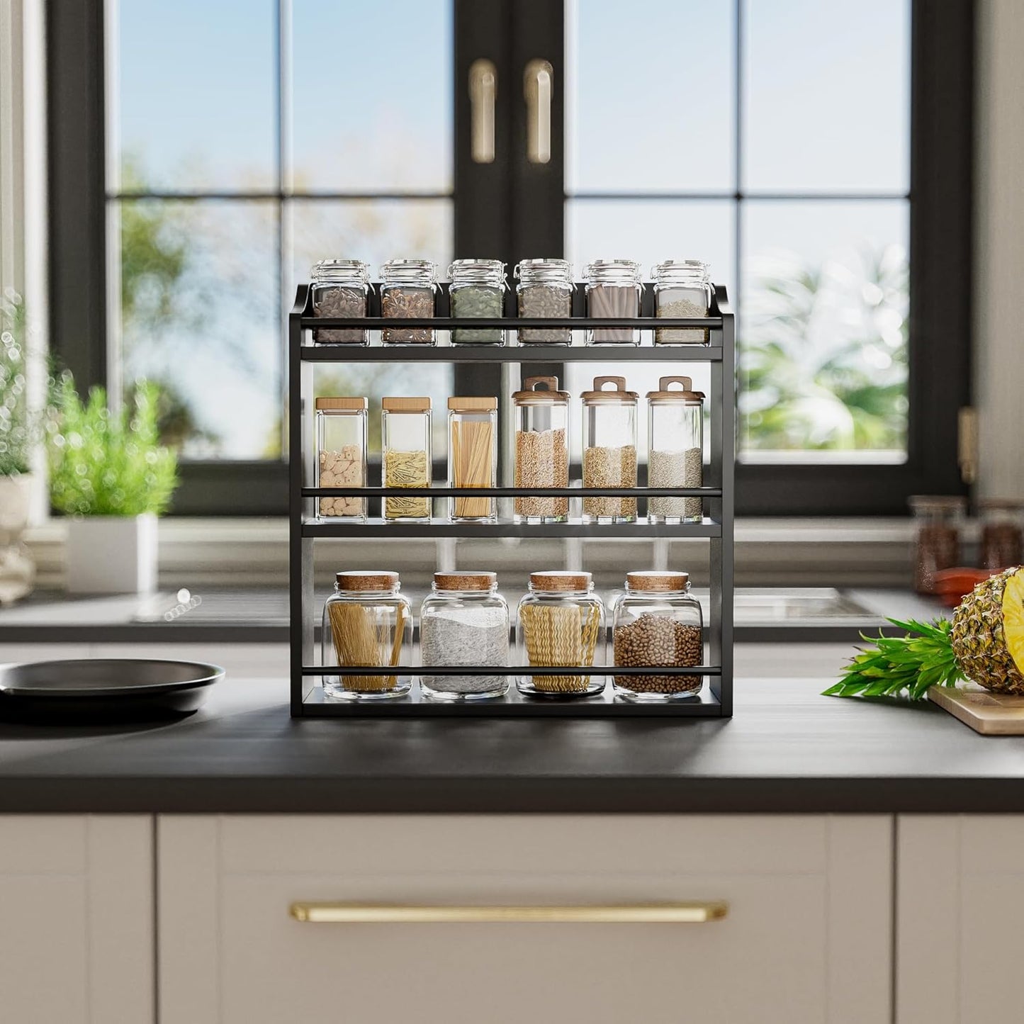 Bamboo Spice Rack Wall Mount or Tabletop Holder, 3-Tier Shelf for Seasoning Bottles Organizer, Medicine Holder (Black)