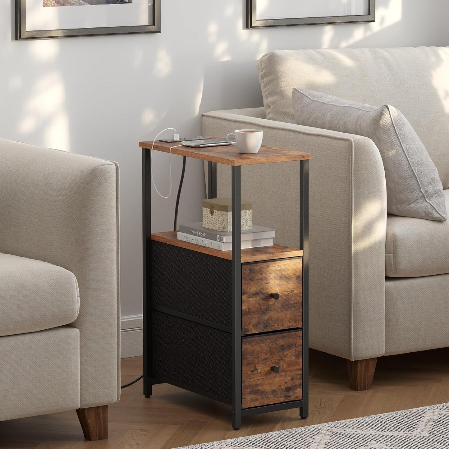 TUTOTAK Small Narrow End Table with Charging Station, Side Table with Outlets, Nightstand with 2 Cloth Drawers, Couch Table, for Living Room, Bedroom, Bedside, Brown TB01BB085