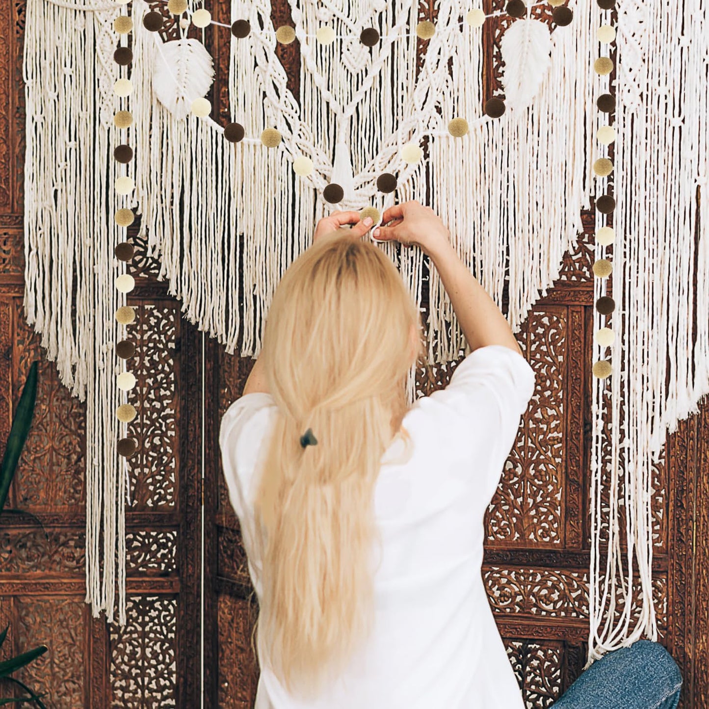 Jishi Pom Pom Garland Boho Party Decorations, 3-Pack Brown Khaki Beige Felt Ball Garland Cute Pastel Rainbow Pompom Strings, Christmas Birthday Wedding Rustic Boho Home Decor Supplies, Xmas Tree Decor