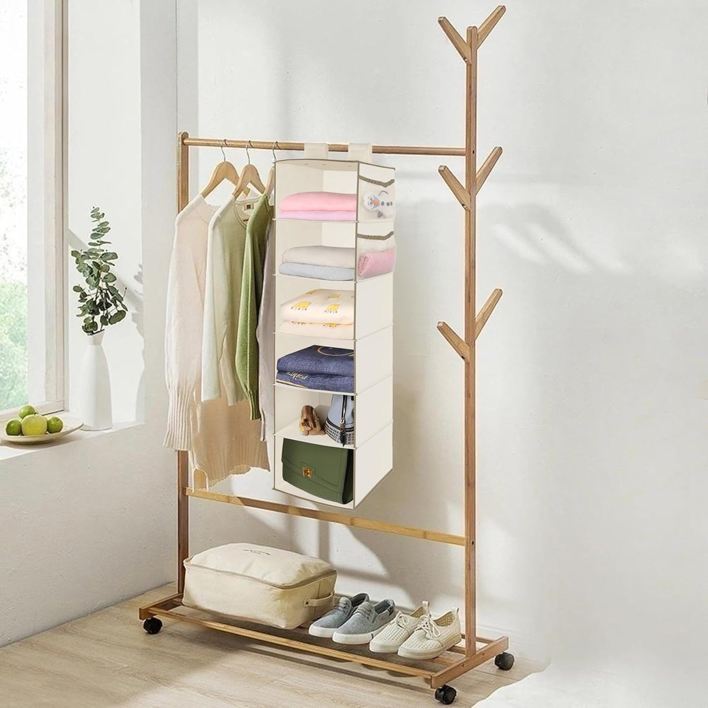 MAX Houser 6 Tier Shelf Hanging Closet Organizer, Closet Hanging Shelf with 2 Widen Straps for Storage, Foldable (Beige2)